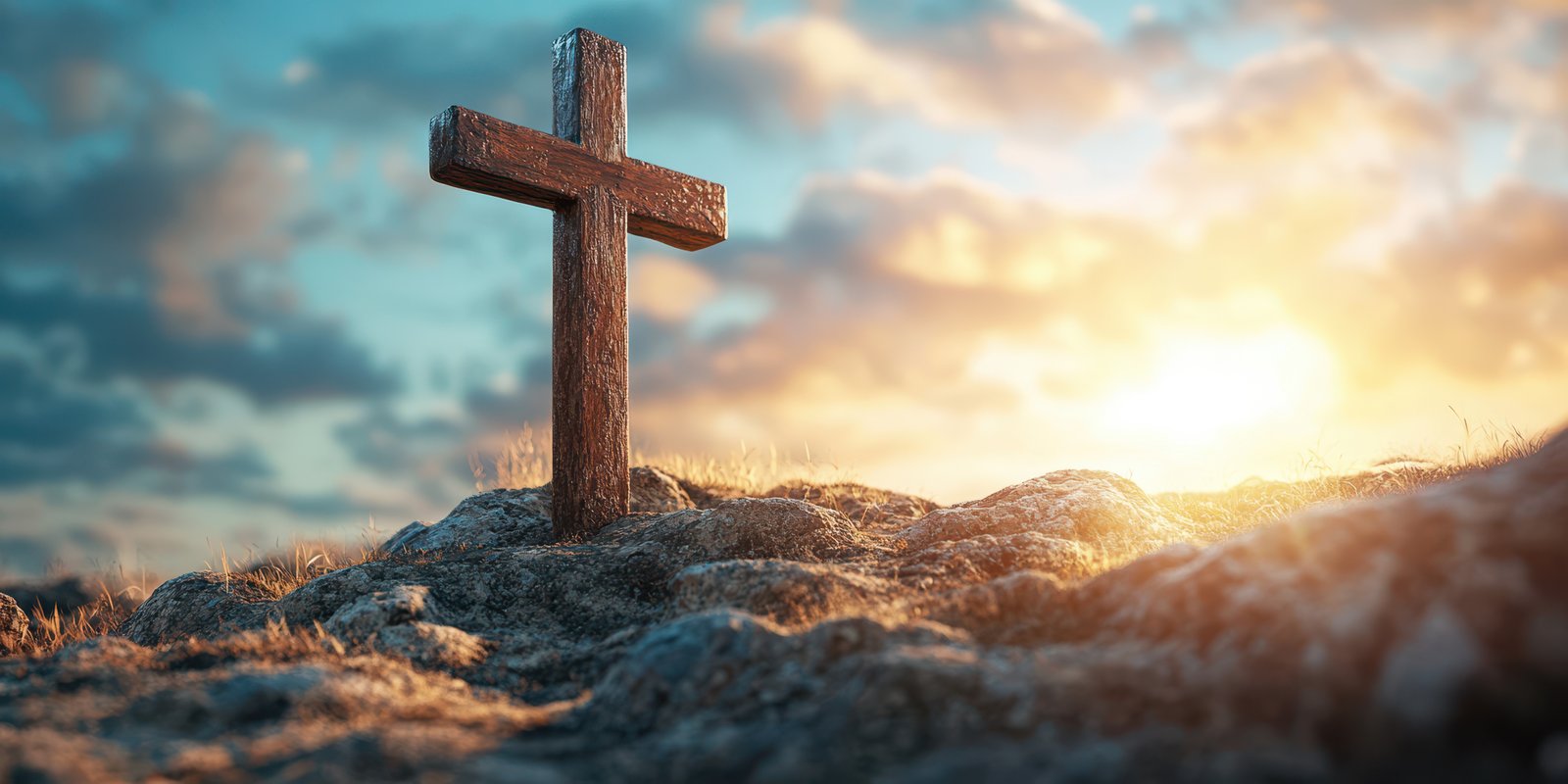 Wooden cross standing on rocky terrain against a sunrise backdrop in a serene outdoor setting